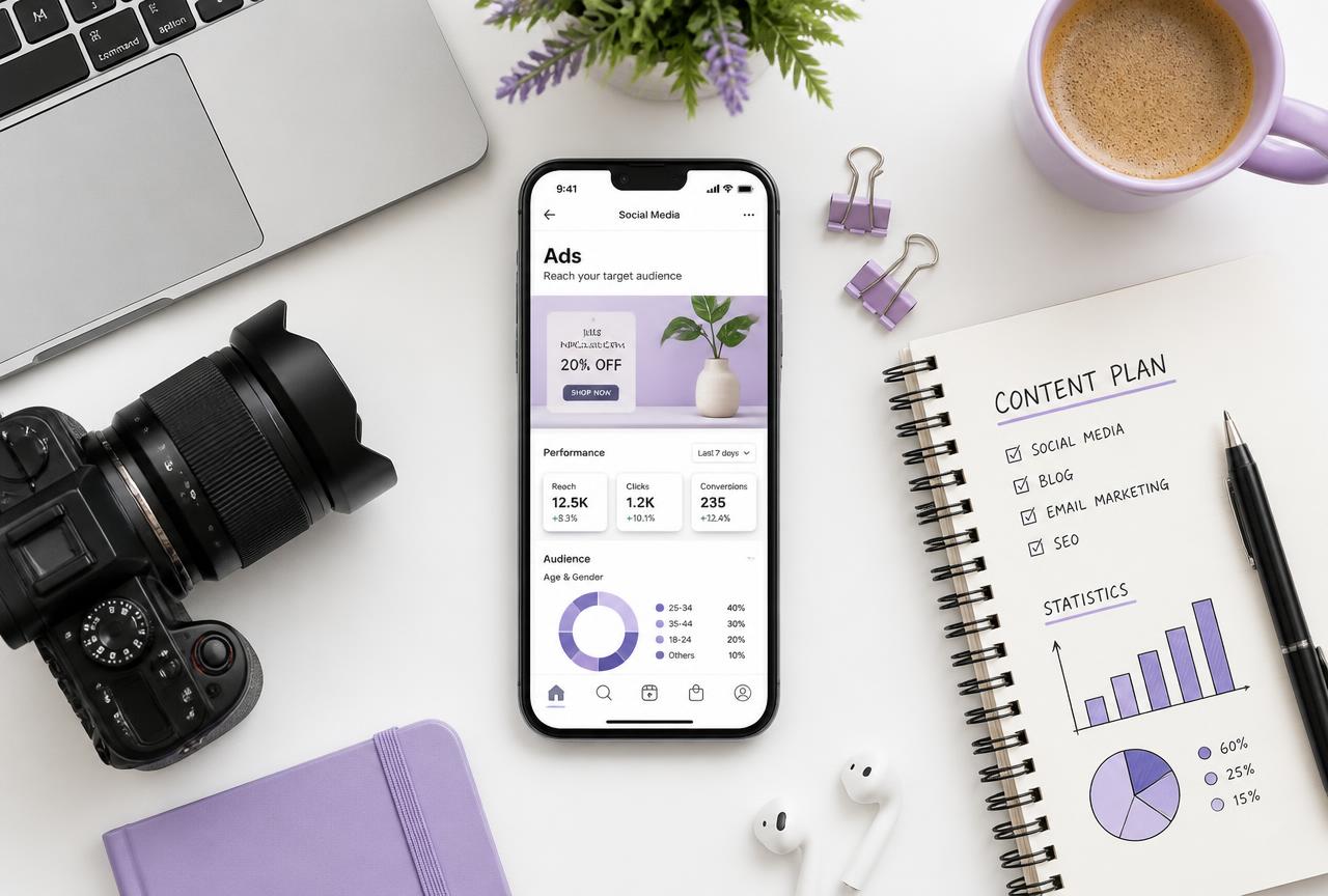 Digital marketing workspace with social media campaign performance