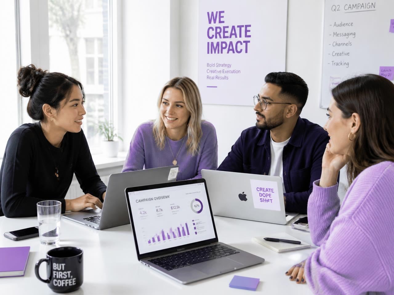 The Luminaq Media team reviewing campaign dashboards together
